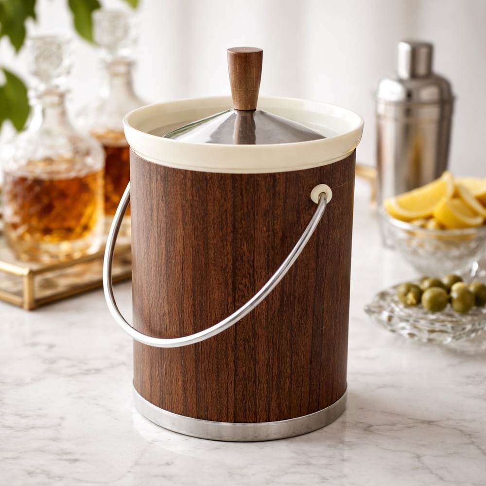 Vintage Kromex Faux Wood Ice Bucket Mid Century Barware